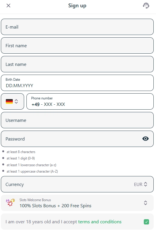 Redslot casino registration form with personal details, password, currency and welcome bonus selection