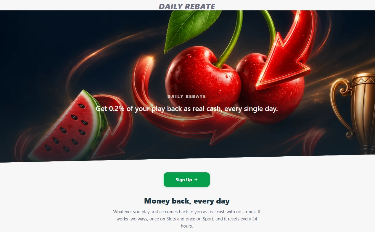 Redslot casino Daily Rebate offering 0.2% of play back as real cash
