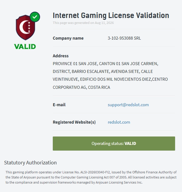 Redslot casino licence validation showing valid Anjouan Gaming Authority licence for 3-102-953088 SRL