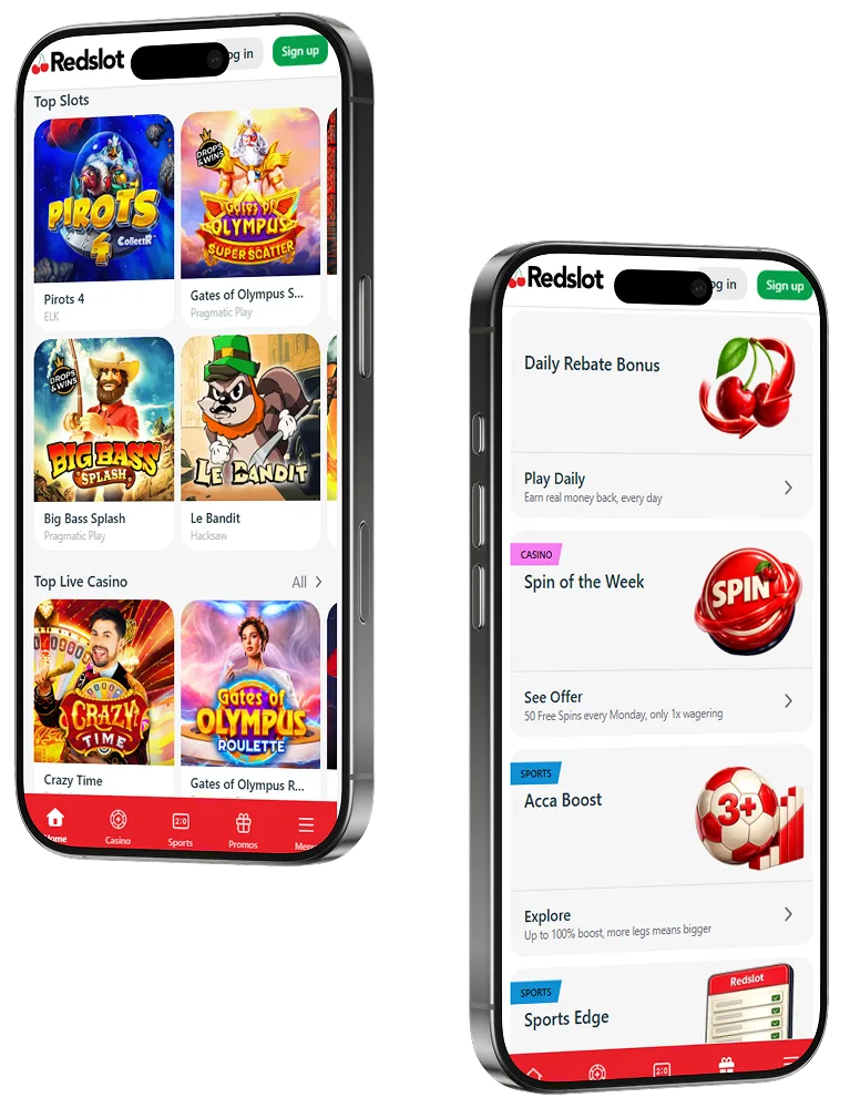 Redslot casino mobile interface with slots, promotions and sportsbook access on smartphones