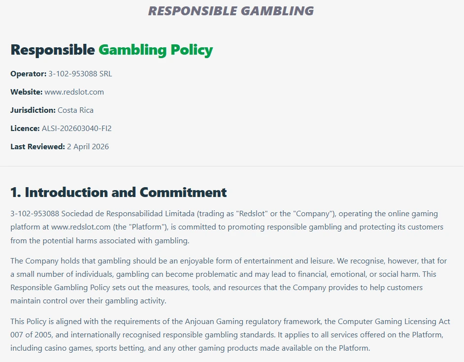 Redslot casino Responsible Gambling Policy showing operator, licence and responsible gambling information