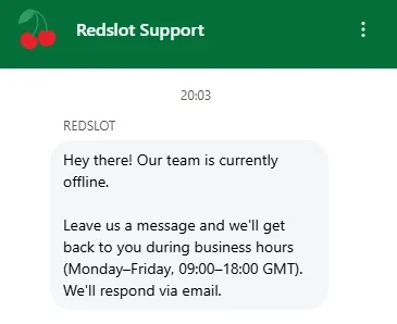 Redslot casino live chat support showing customer assistance and business hours